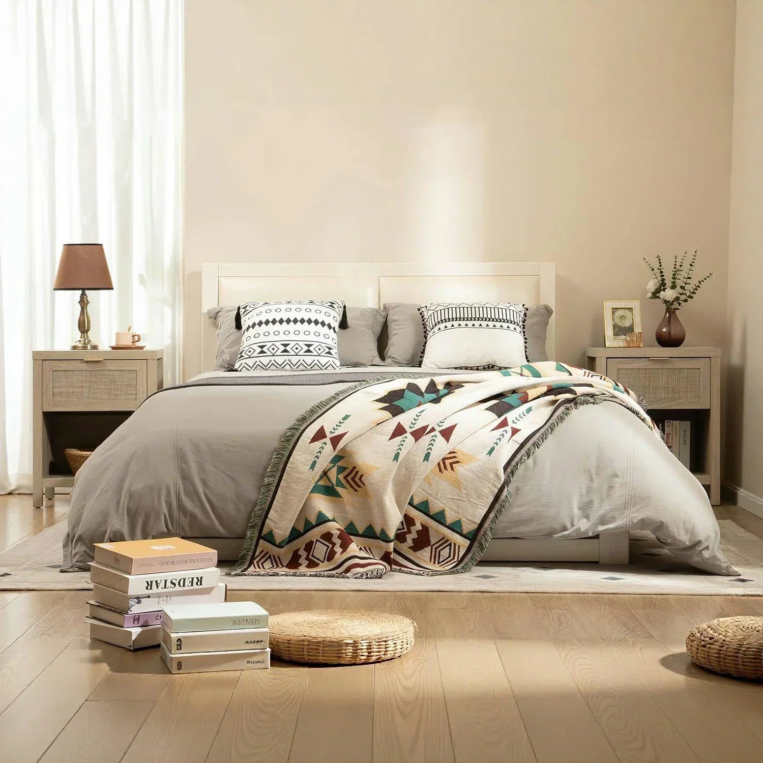 Modern bedroom with geometric boho blanket, neutral bedding, nightstands, and stacked books