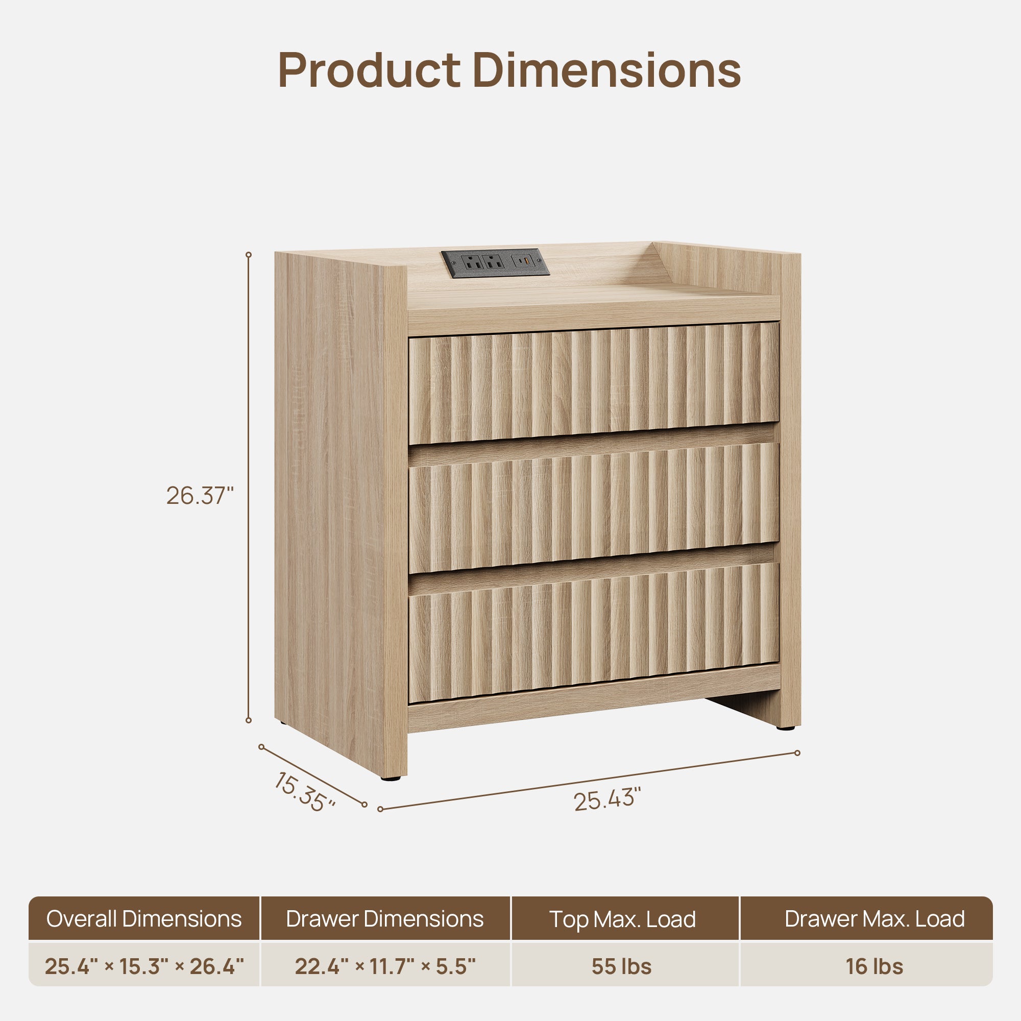 Prelude 3-Drawer Nightstand, Charging Station