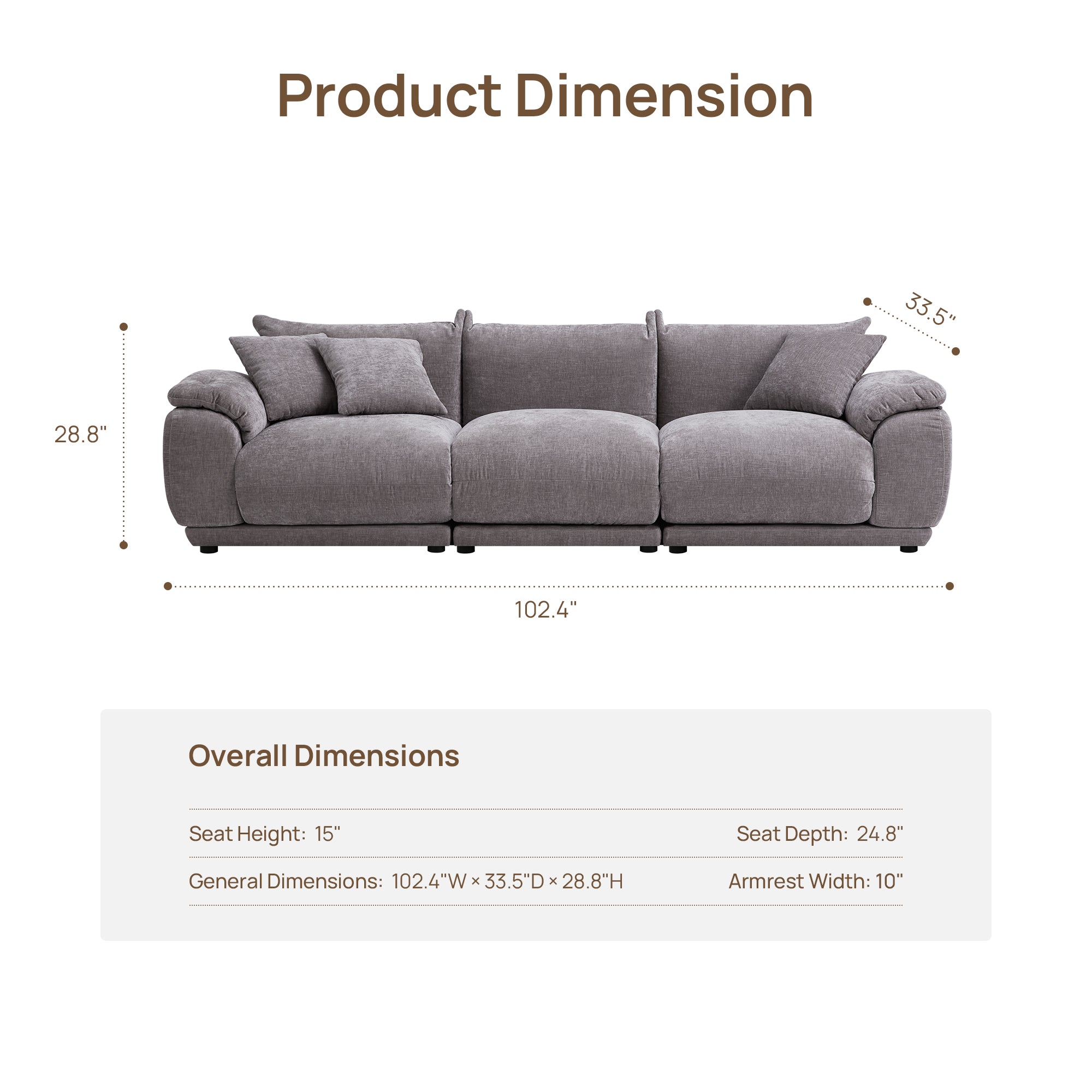 Noor Sectional 3 Seater Couch, Deep Seat