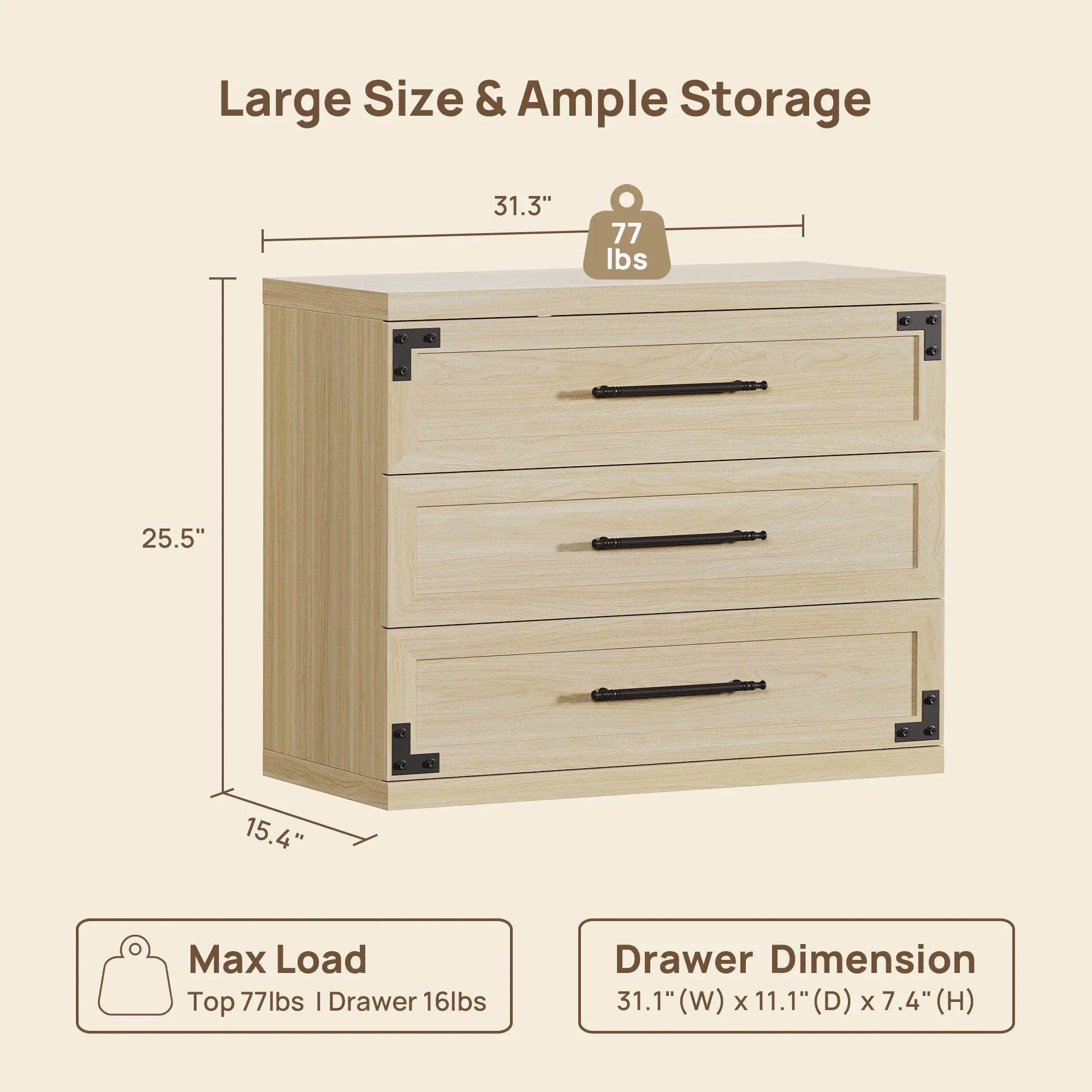 Willow 3-Drawers Nightstands Set, 25.5 Inch Tall