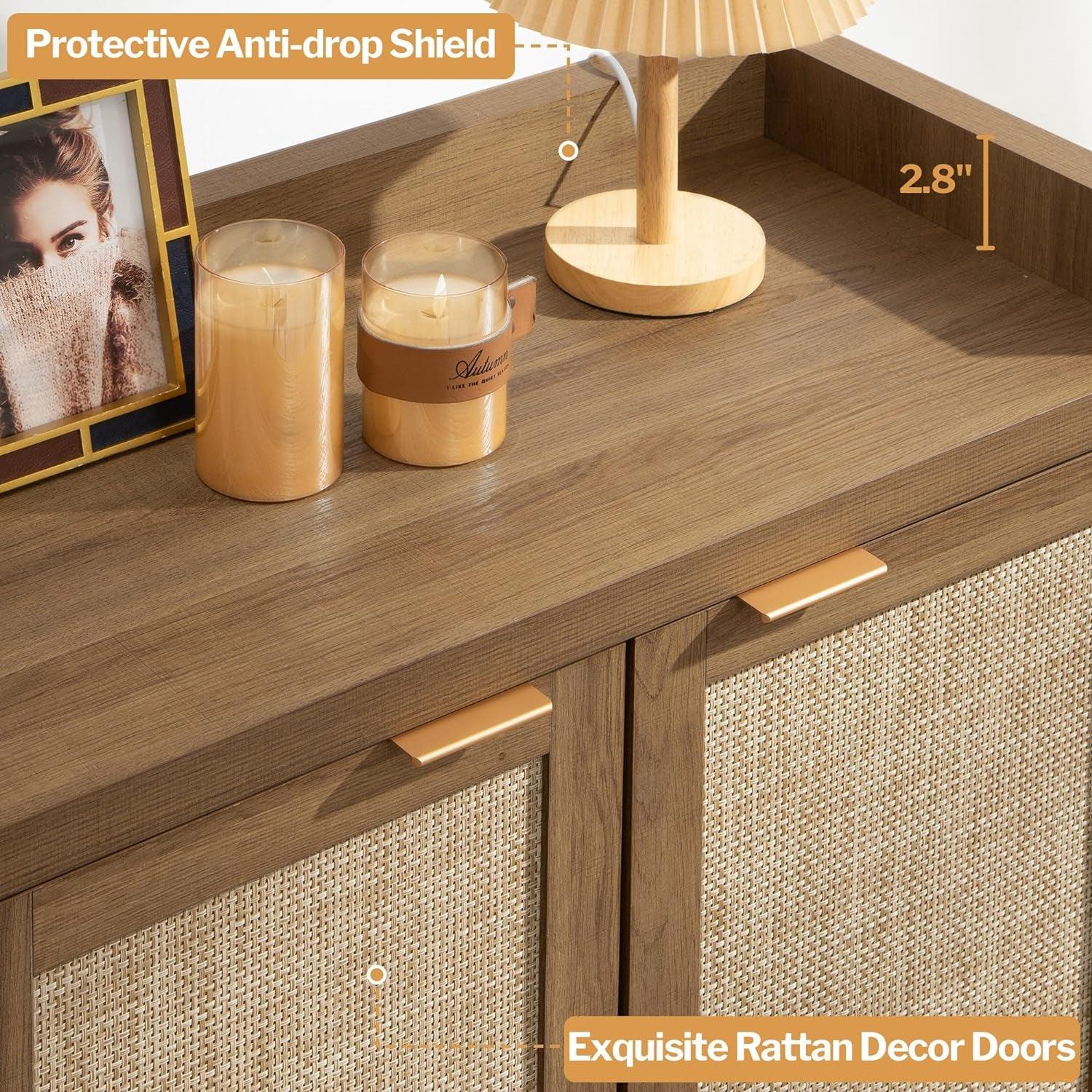 Wood cabinet with rattan decor doors, protective anti-drop shield, candles, photo frame, lamp.
