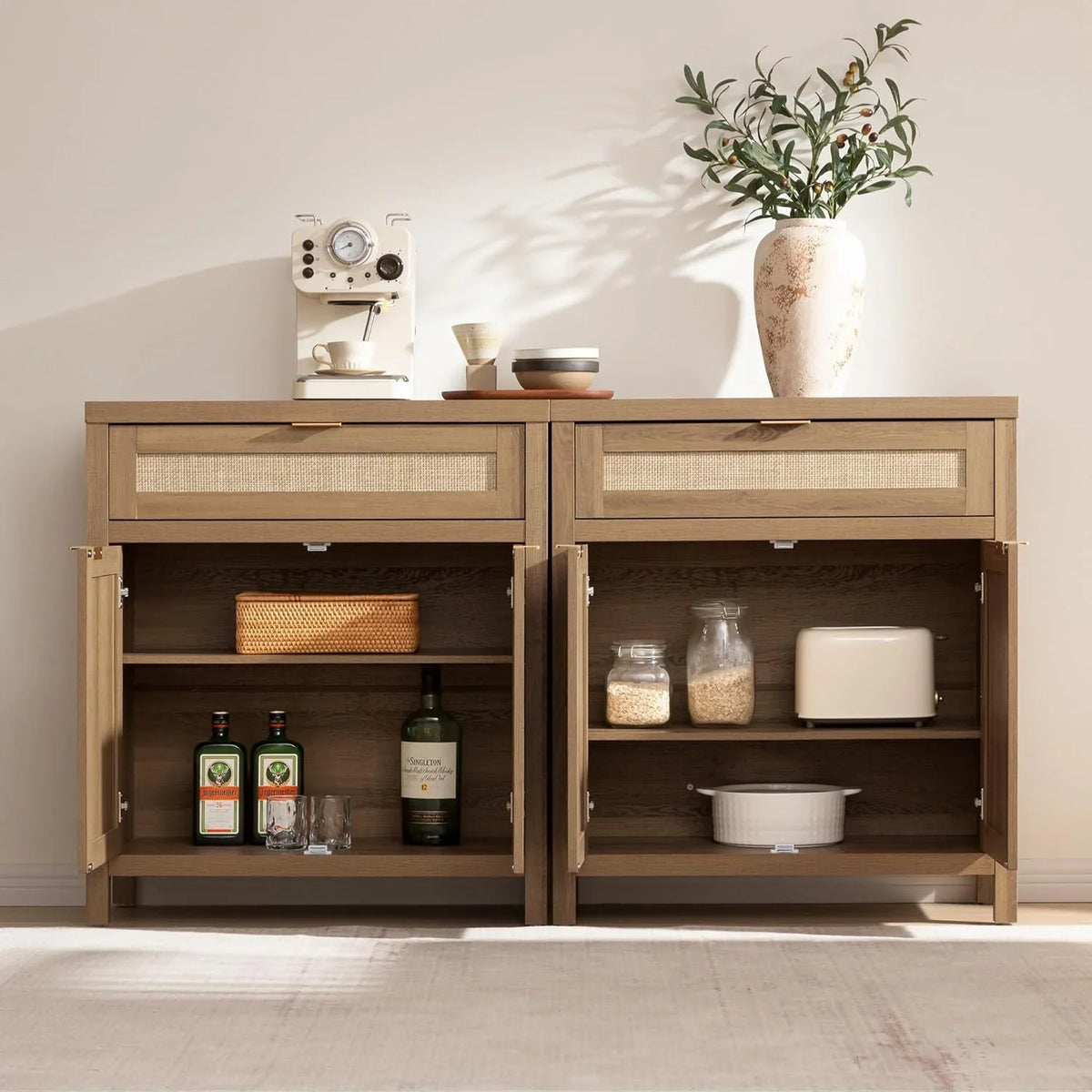 Modern wooden sideboard with open shelves, espresso machine, jars, and vase with greenery