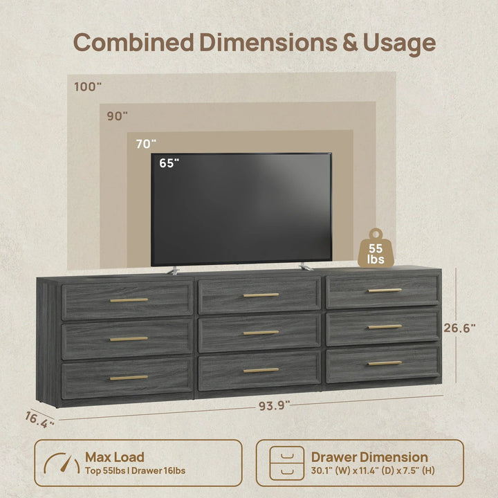 Crescent Modular 9 Drawers Dresser, 93.9 Inch Wide - Walnut Brown - 3-Piece Set
