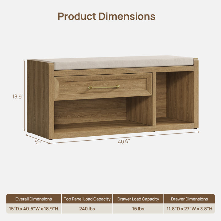 Helio Shoe Bench with Drawer, 40.6-Inch Wide
