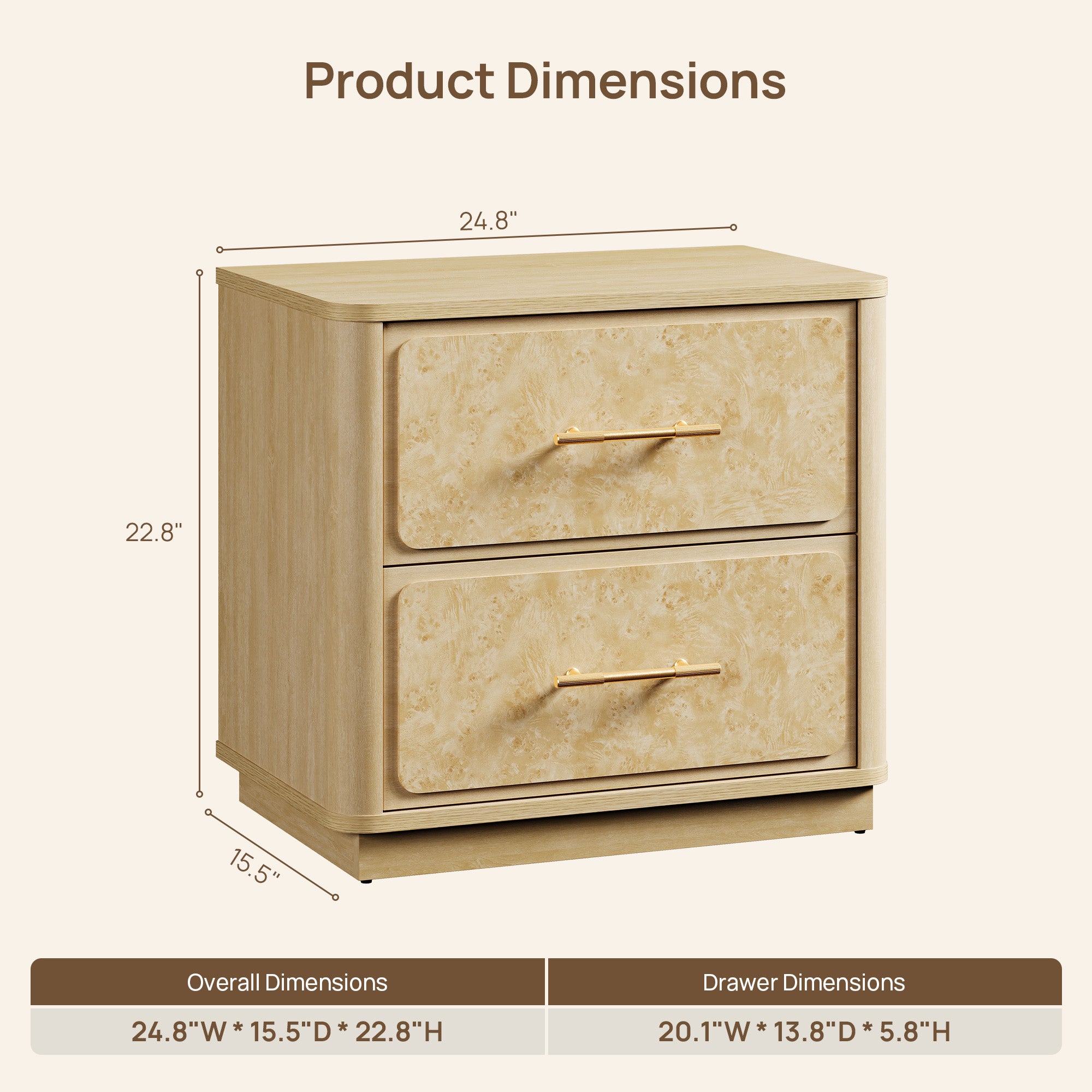 Burluxe Modern Nightstand with 2 Drawers, 25Inch Wide