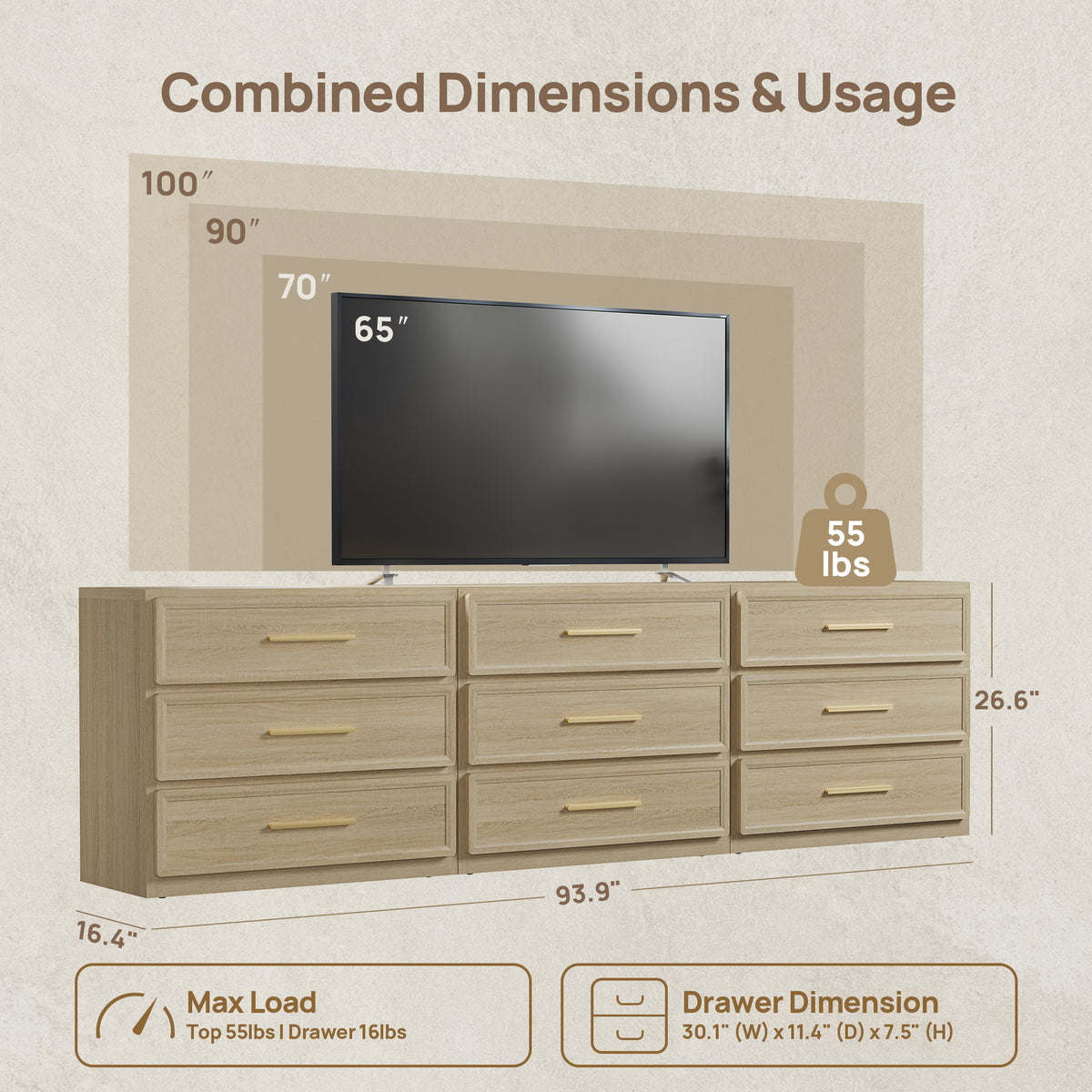 Crescent Modular Dresser with 9 Drawers, Set of 3