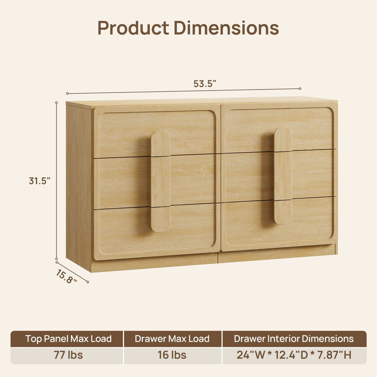 Arcus Bedroom Dresser with 6 Drawers, 53.5Inch Wide