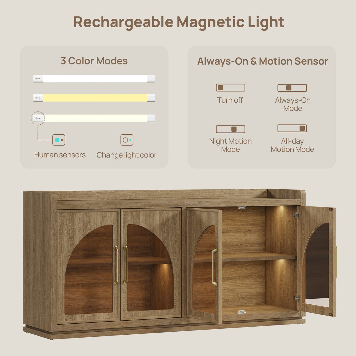 Helio Sideboard with Glass Doors and Light, Brown Oak, 2 Pieces