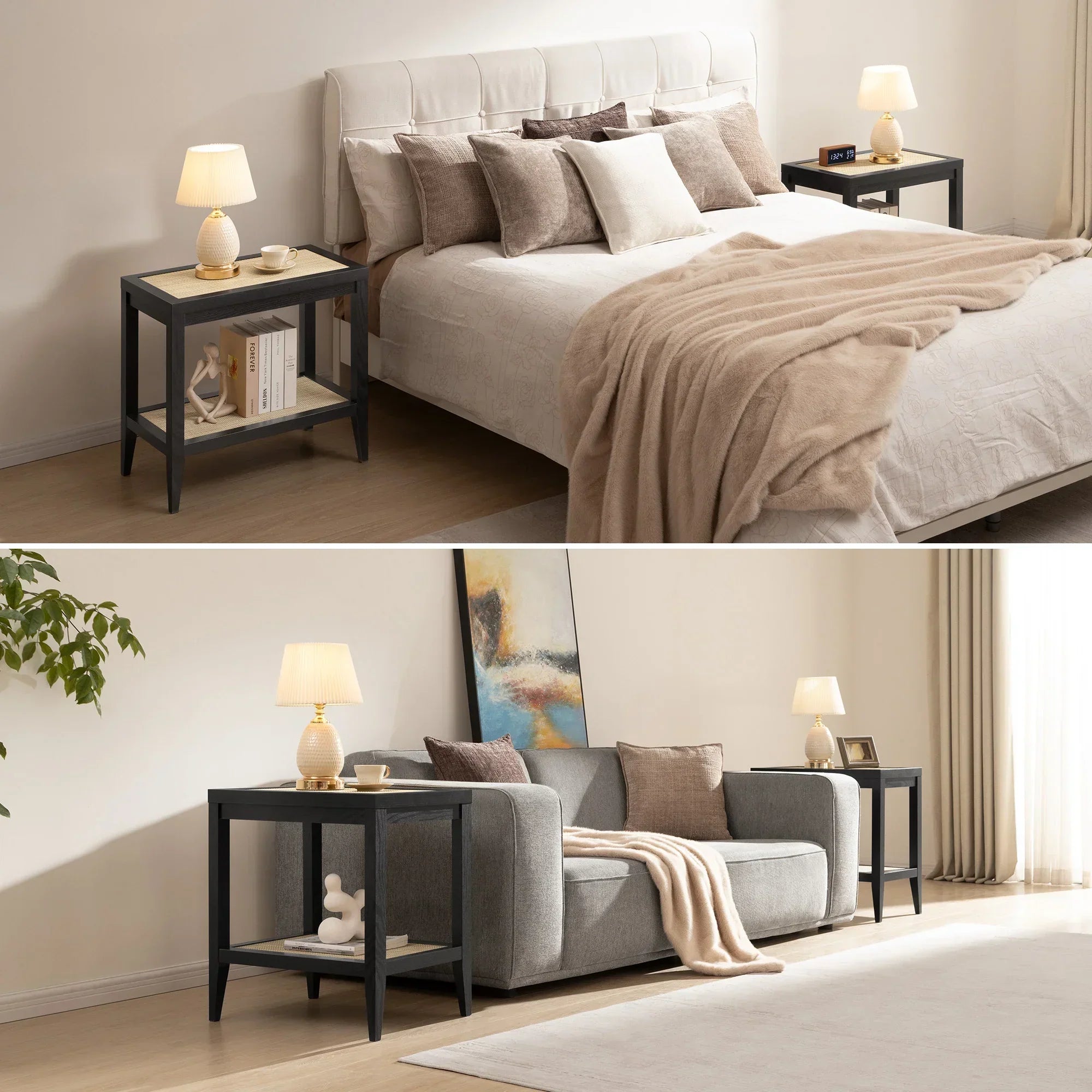Modern bedroom and living room with black side tables, neutral decor, and soft throw blankets