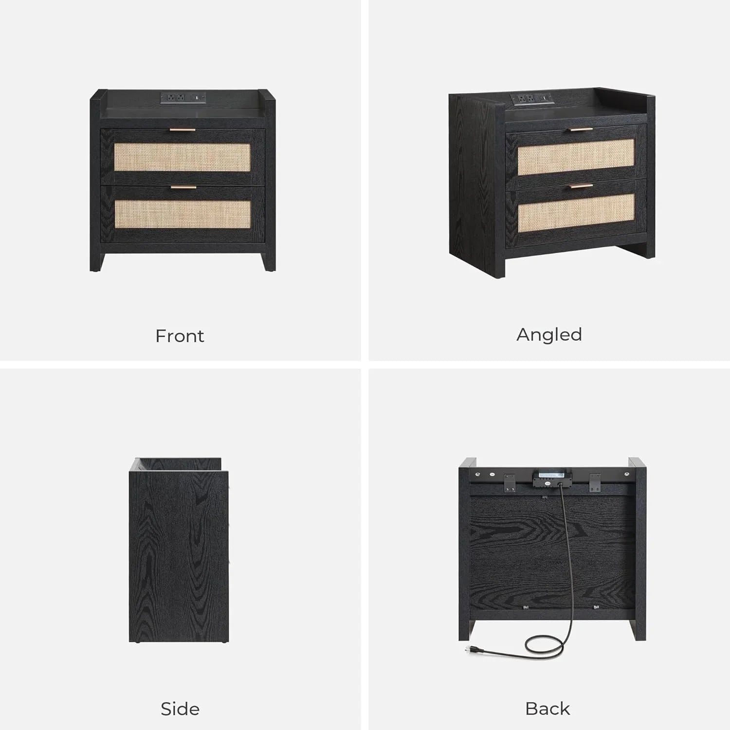 Black nightstand with rattan drawers, USB charging port, shown front, angled, side, and back views