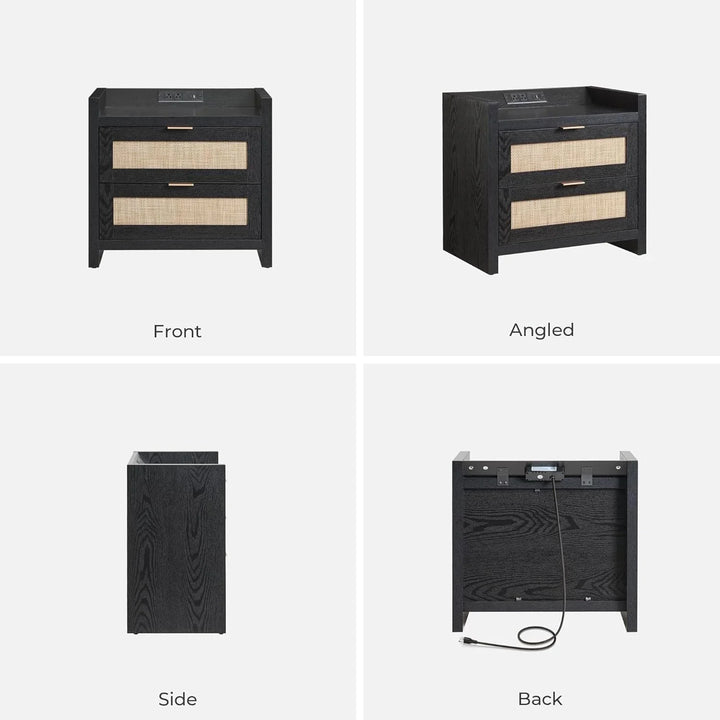 Black nightstand with rattan drawers, USB charging port, shown front, angled, side, and back views