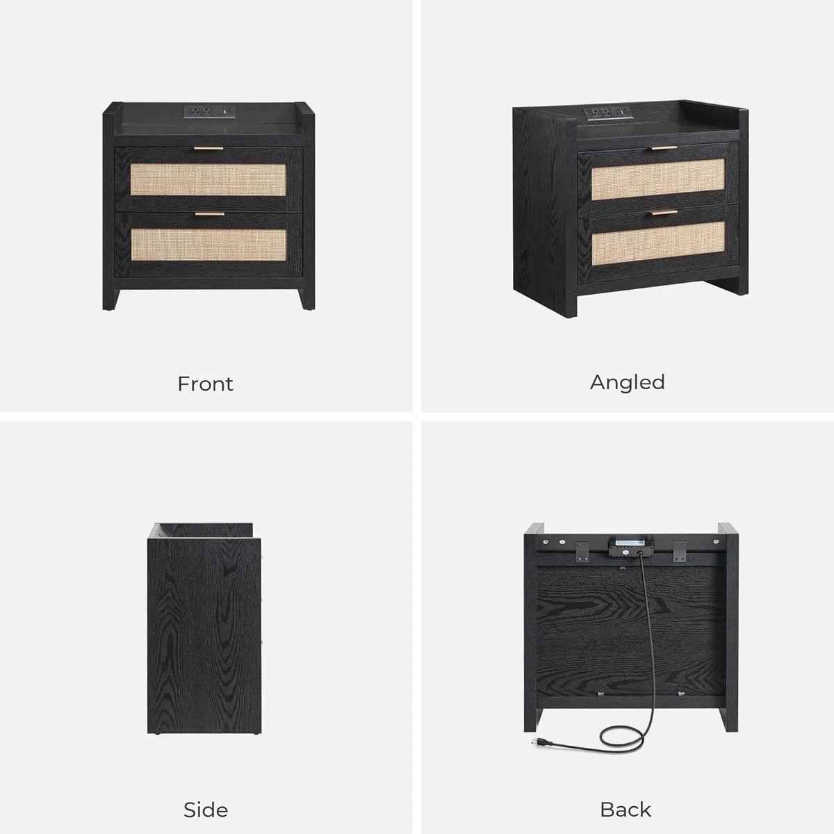Black nightstand with rattan drawers, USB charging port, shown front, angled, side, and back views