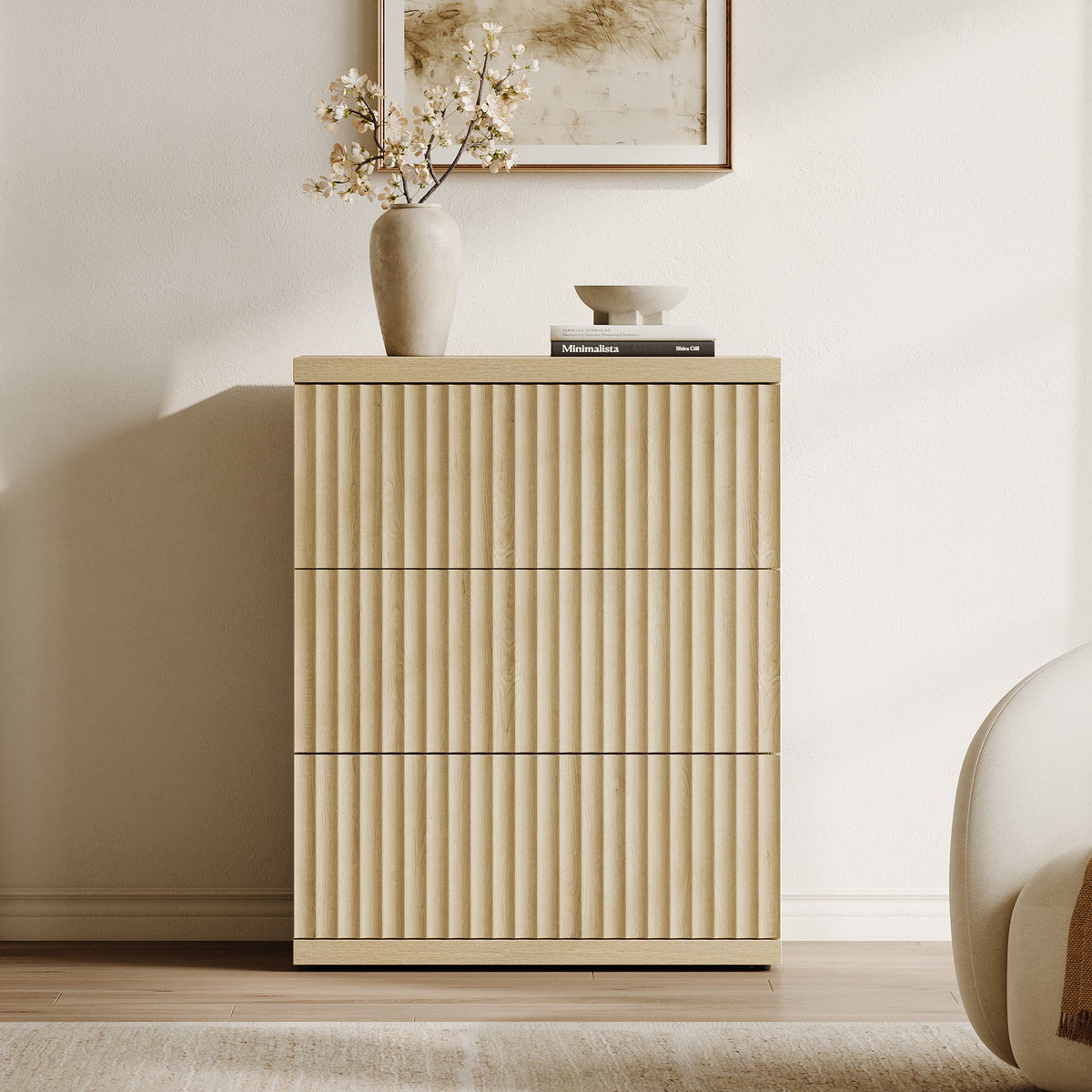 Stria 3-Drawer Sideboard, Fluted Style, Set of 2