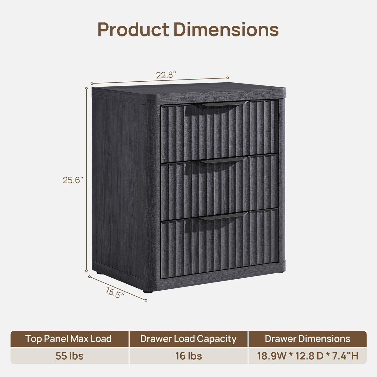 Cas 3 Drawers Nightstand with Black Handle