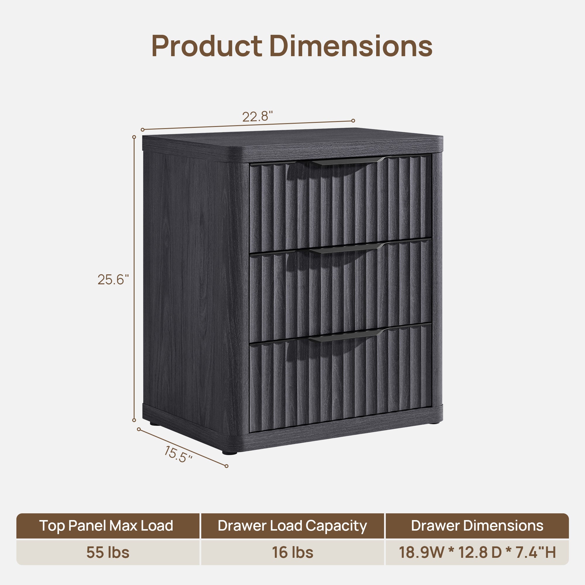 Cas 3 Drawers Nightstand with Black Handle