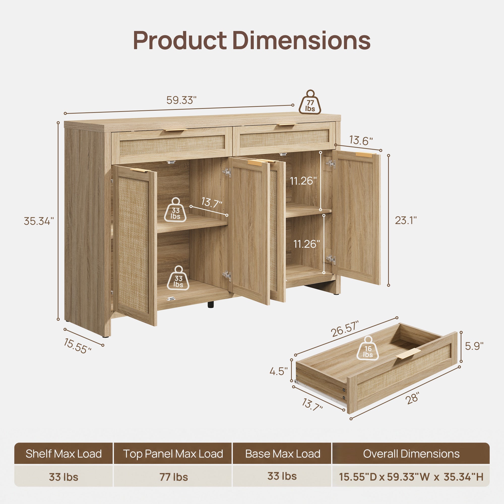Savanna 59Inch-Wide Buffet Cabinet, Large Storage