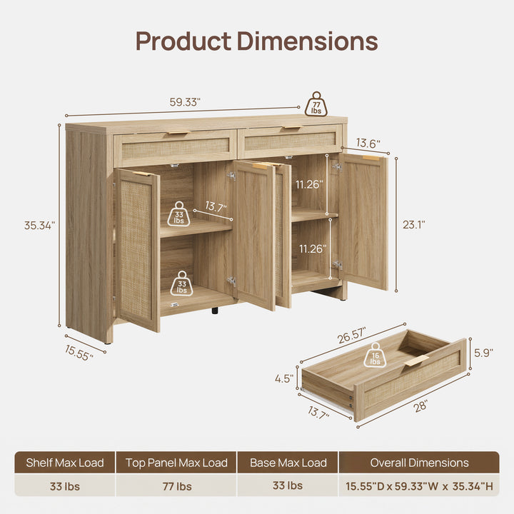 Savanna 59Inch-Wide Buffet Cabinet, Large Storage