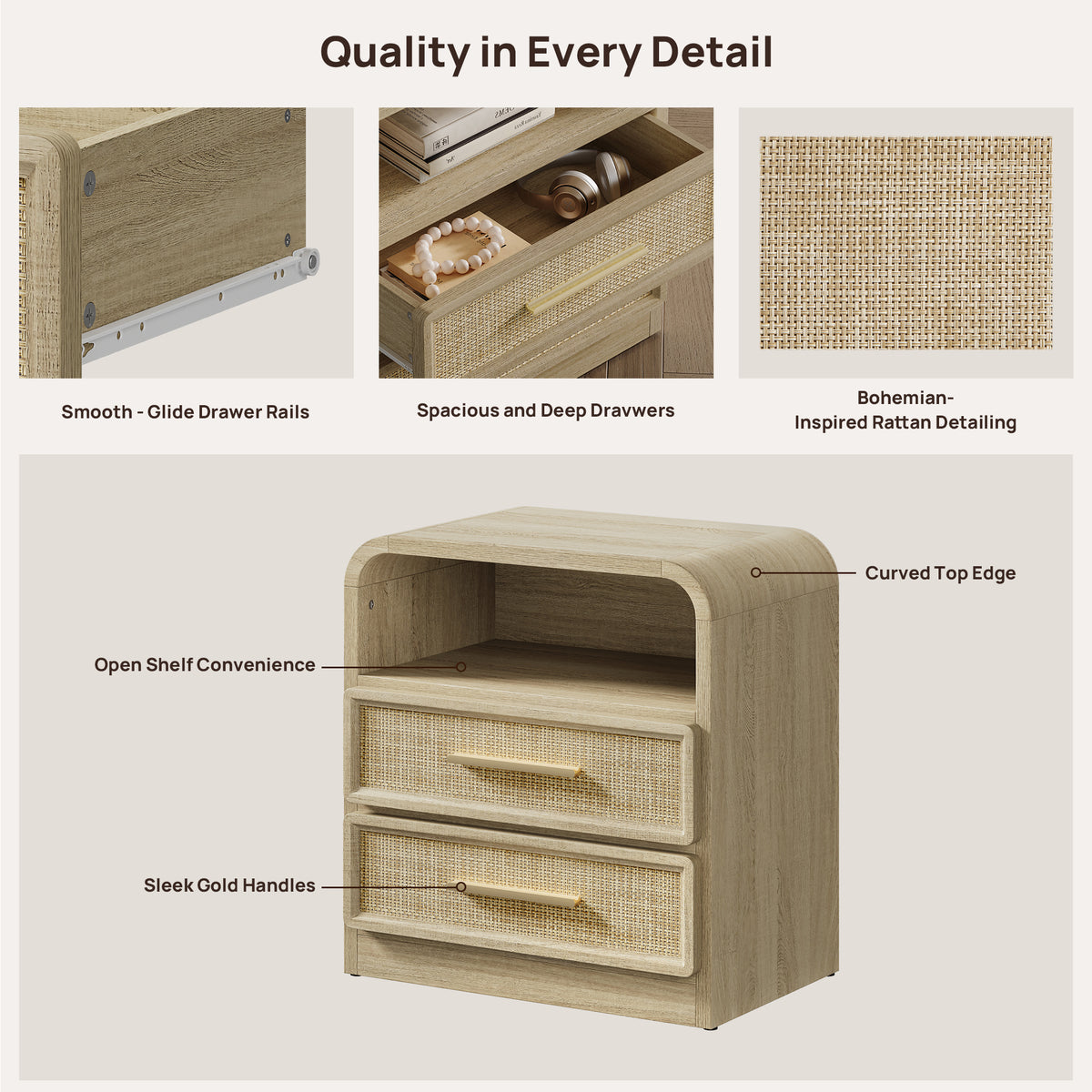 Crescent Rattan Nightstand with 2 Drawers, 25Inch Wide