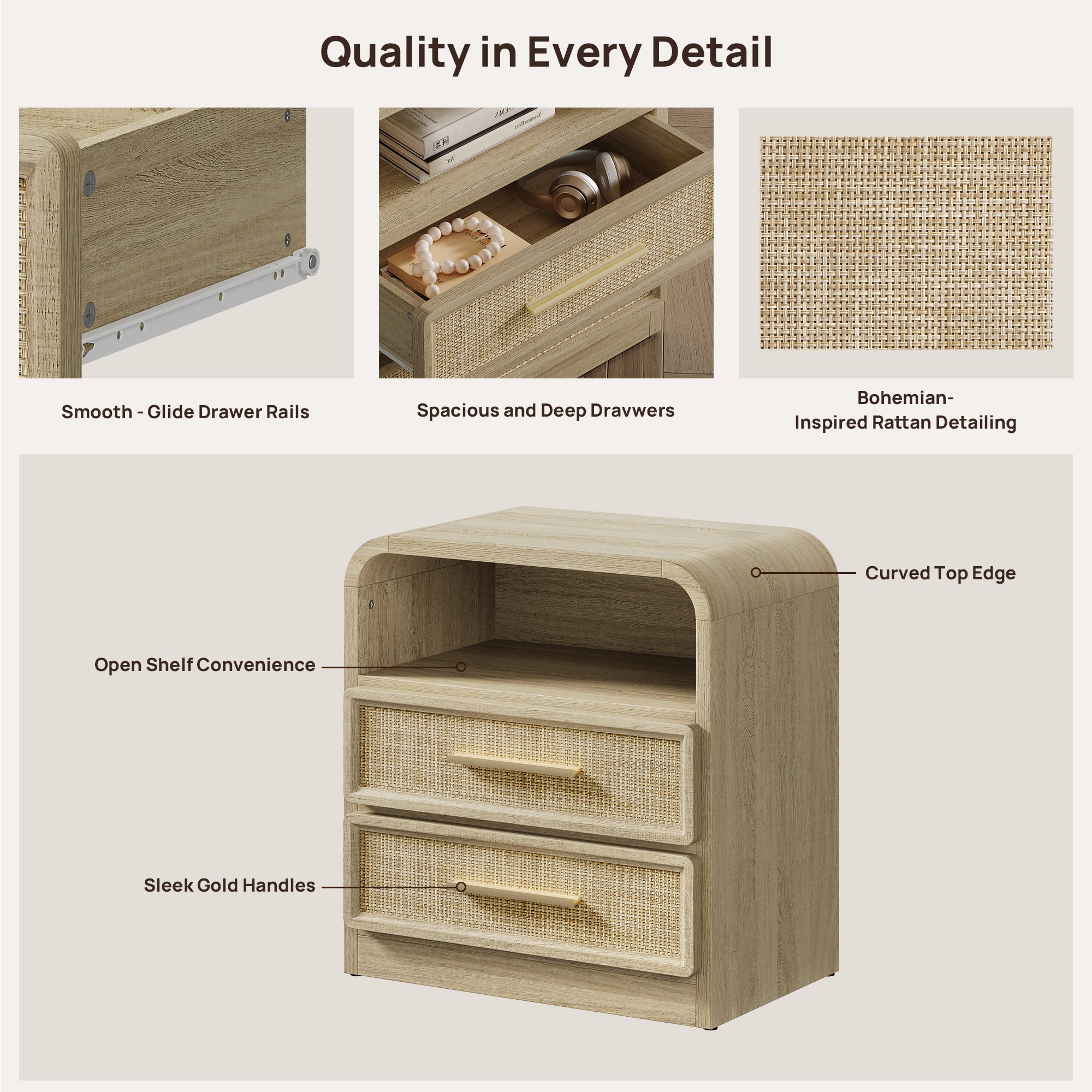 Crescent Rattan Nightstand with 2 Drawers, 25Inch Wide