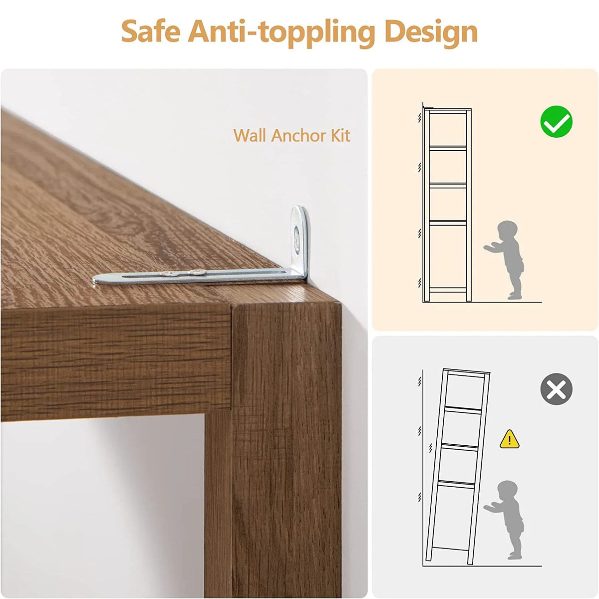 Wall anchor kit secures wooden furniture for anti-toppling safety, child protection design