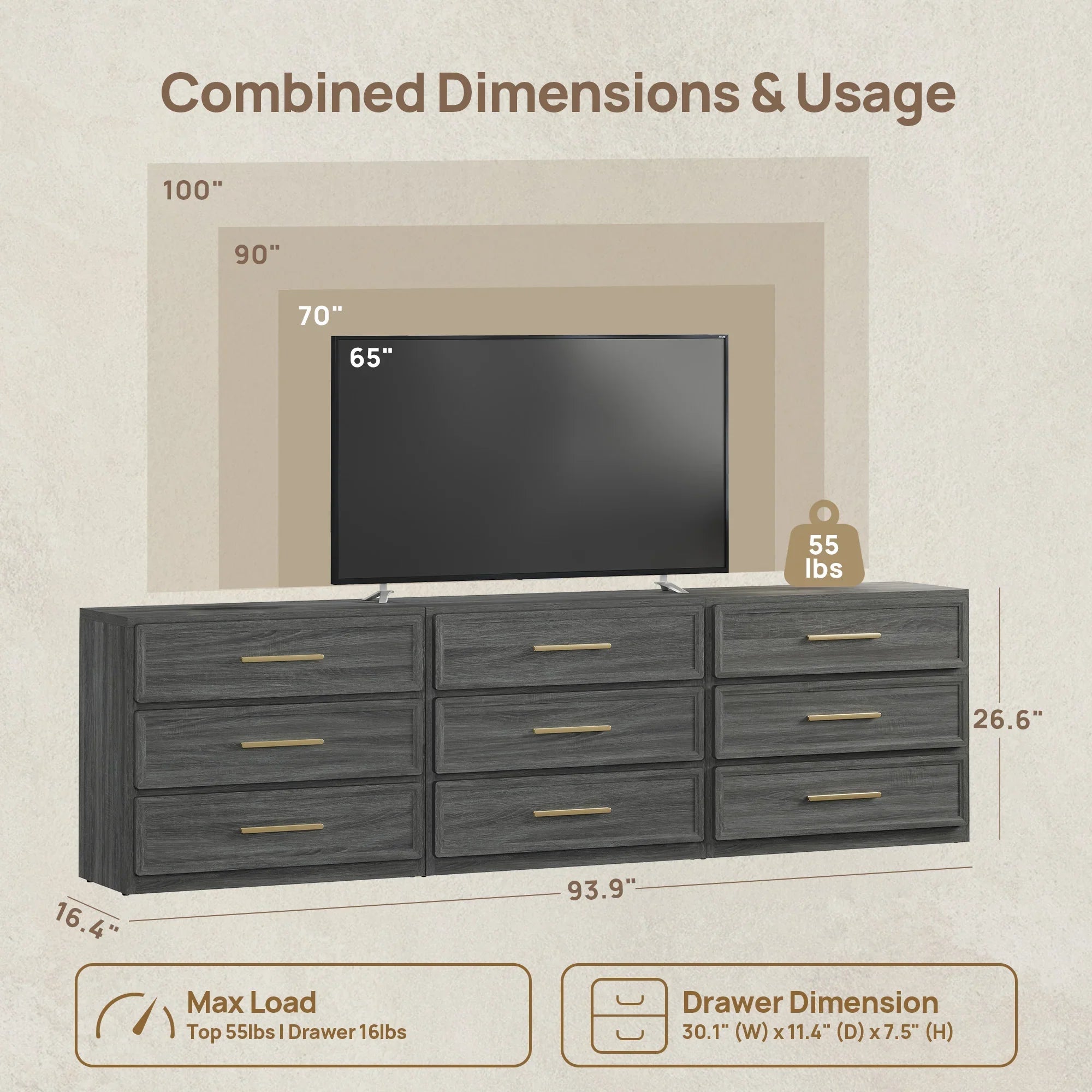 Crescent Modular 9 Drawers Dresser, 93.9 Inch Wide - Greige Oak - 3-Piece Set