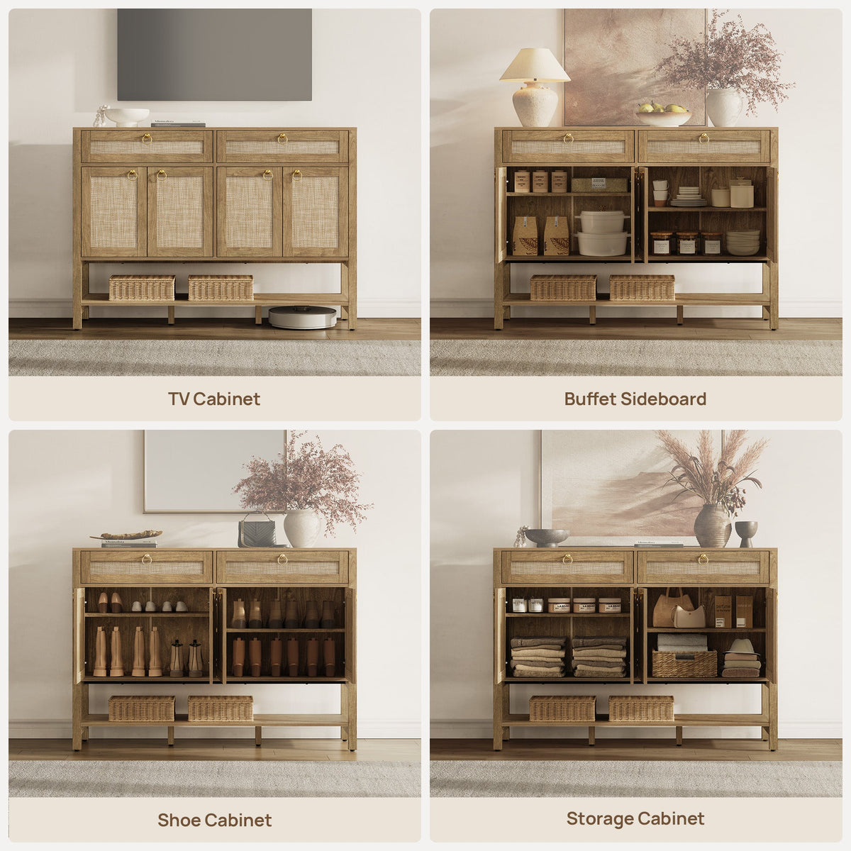 Terra Rattan Sideboard Cabinet, Modern Storage - Carbon Cherry - 2 Pieces