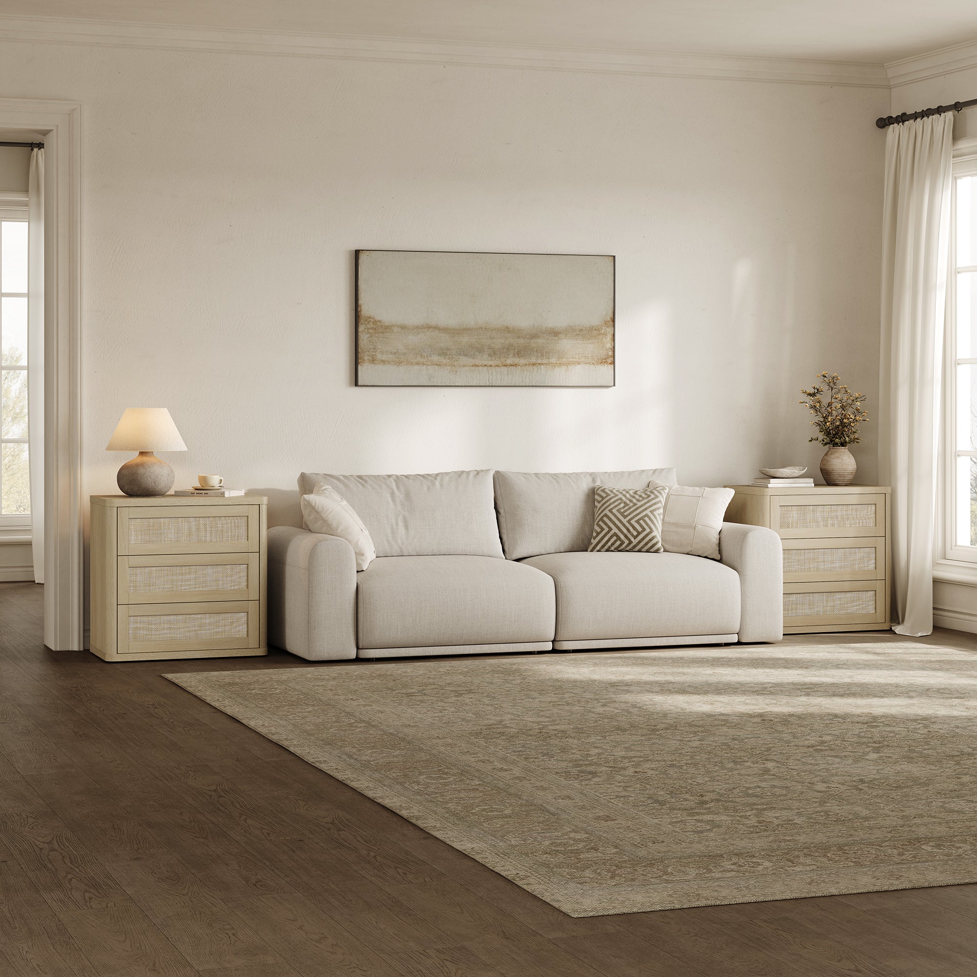 Zura Sectional Rattan Dresser and 3-Drawer Nightstand Set