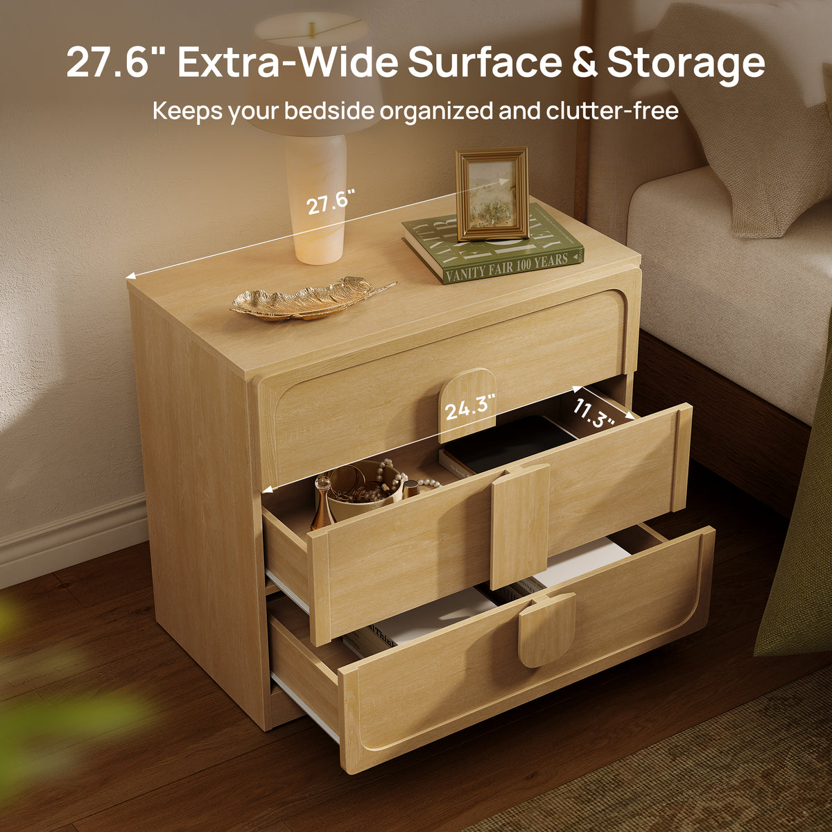 Arcus Nightstand with 3 Drawers, Arched Handles