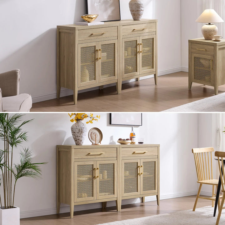 Modern light wood sideboard with cane doors in a bright living room setting