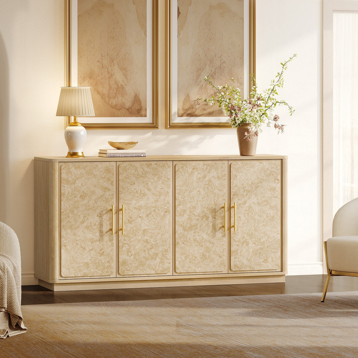 Burluxe Modern Luxury 4-Door Storage Sideboard Cabinet - Light Burl Wood - 1 Piece