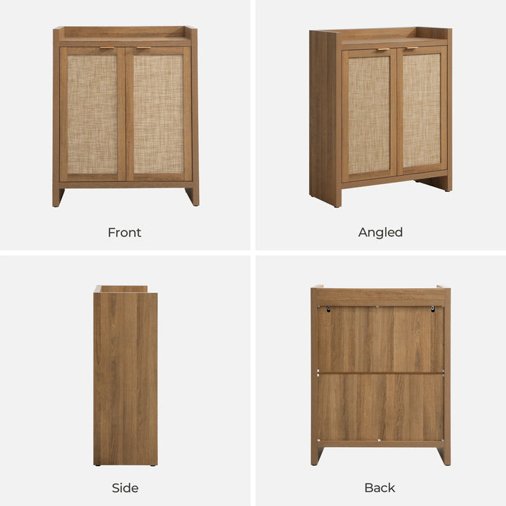 Modern wood storage cabinet with rattan doors shown front, angled, side, and back views.