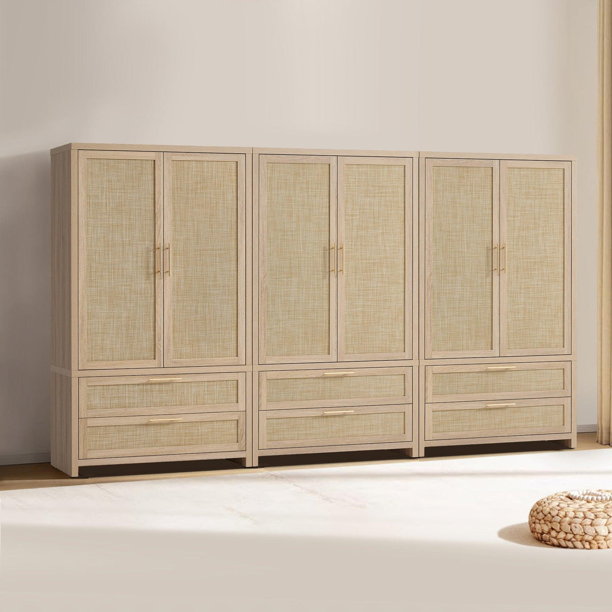 Savanna Rattan Wardrobe, 2 Drawers - 3 Pieces - Reclaimed Light Oak