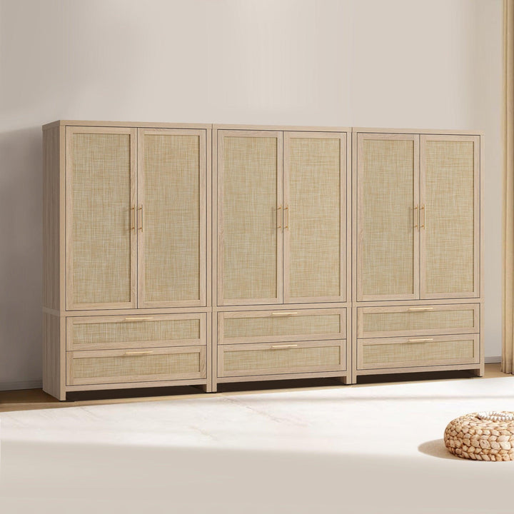 Savanna Rattan Wardrobe, 2 Drawers - 3 Pieces - Reclaimed Light Oak