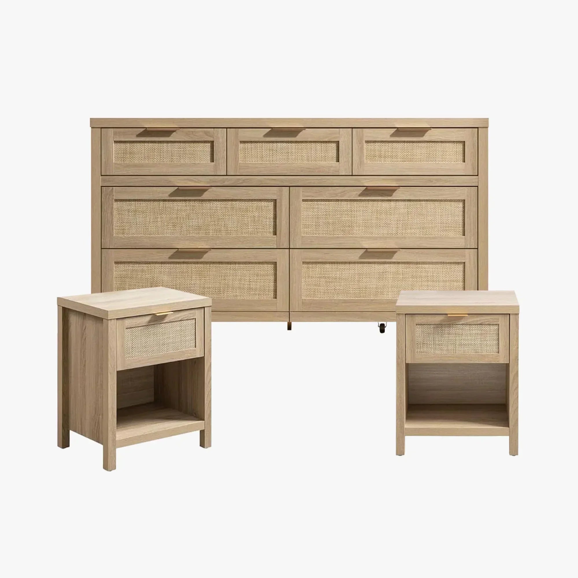 SICOTAS 3 Piece Bedroom Sets Dresser and Nightstand Set, Light Farmhouse Rattan 7-Drawer Dresser and 1-Drawer Nightstand