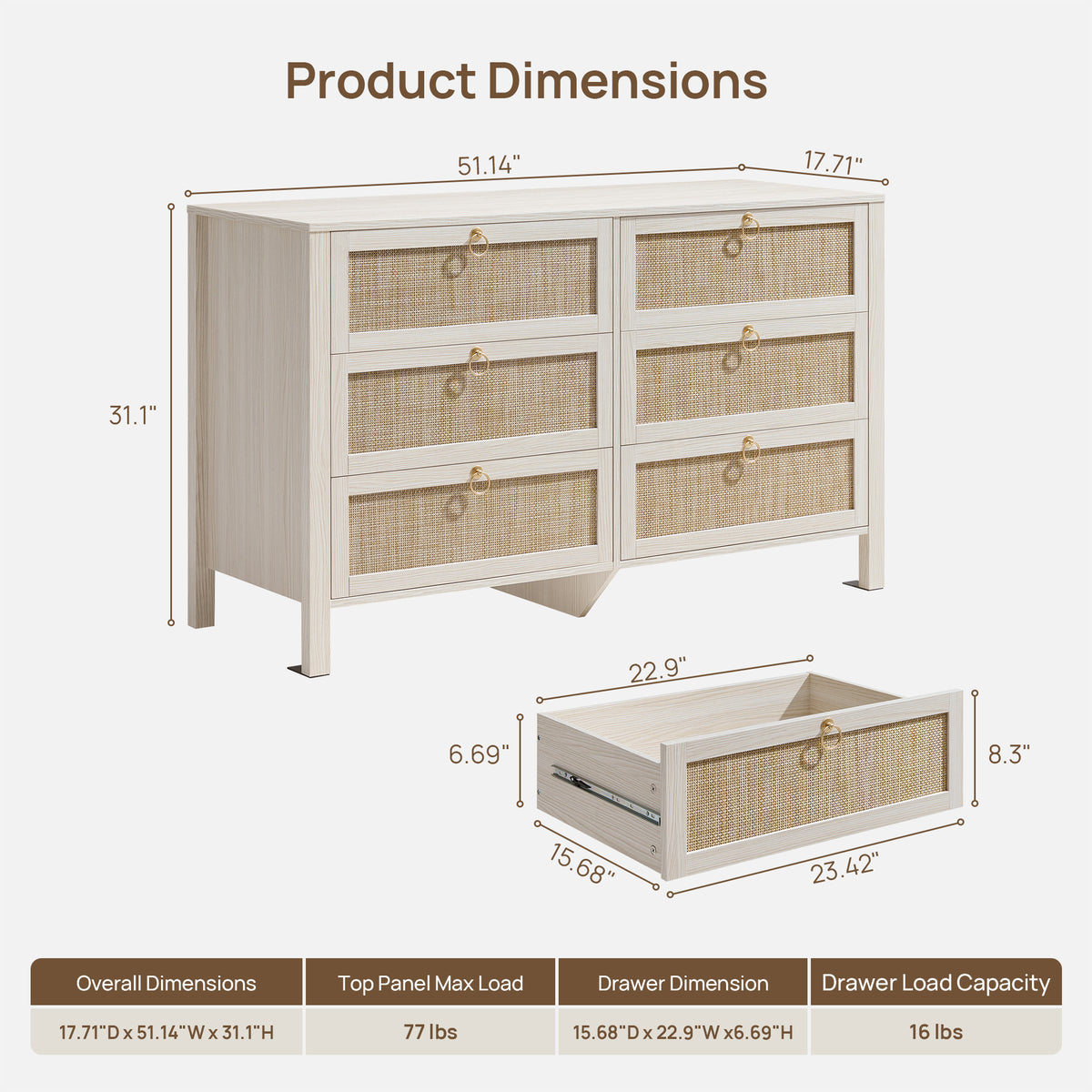 Terra 6 Drawers Dresser And Nightstands Sets, Golden Handle