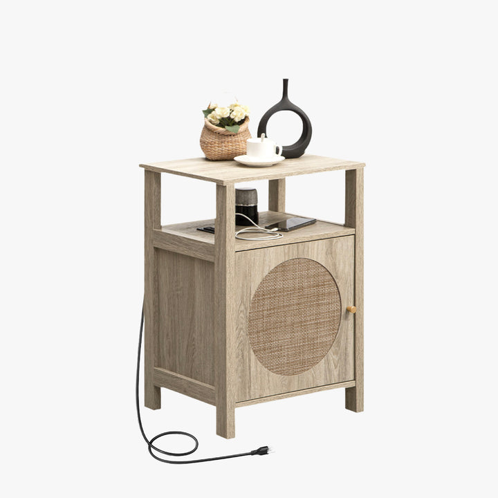 Rattan Nightstand With Charging Station - Sicotas
