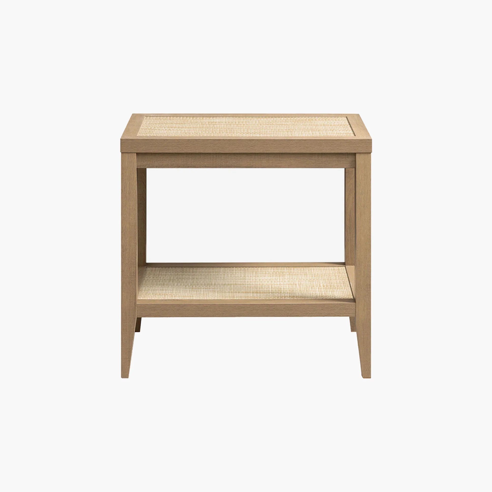 Wooden nightstand with rattan top and shelf, minimalist design, on white background.