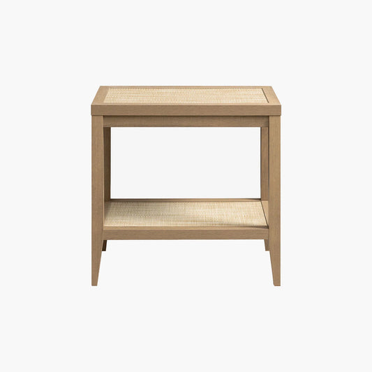 Wooden nightstand with rattan top and shelf, minimalist design, on white background.