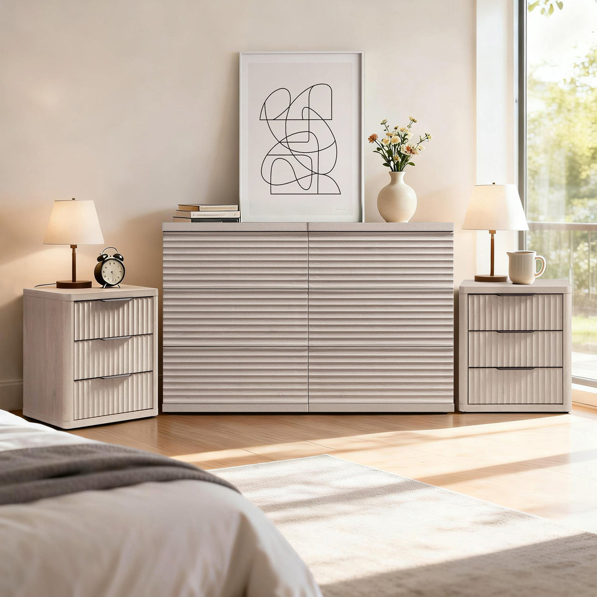 Stria Chest of 6 Drawers and Cas Night Tables Set