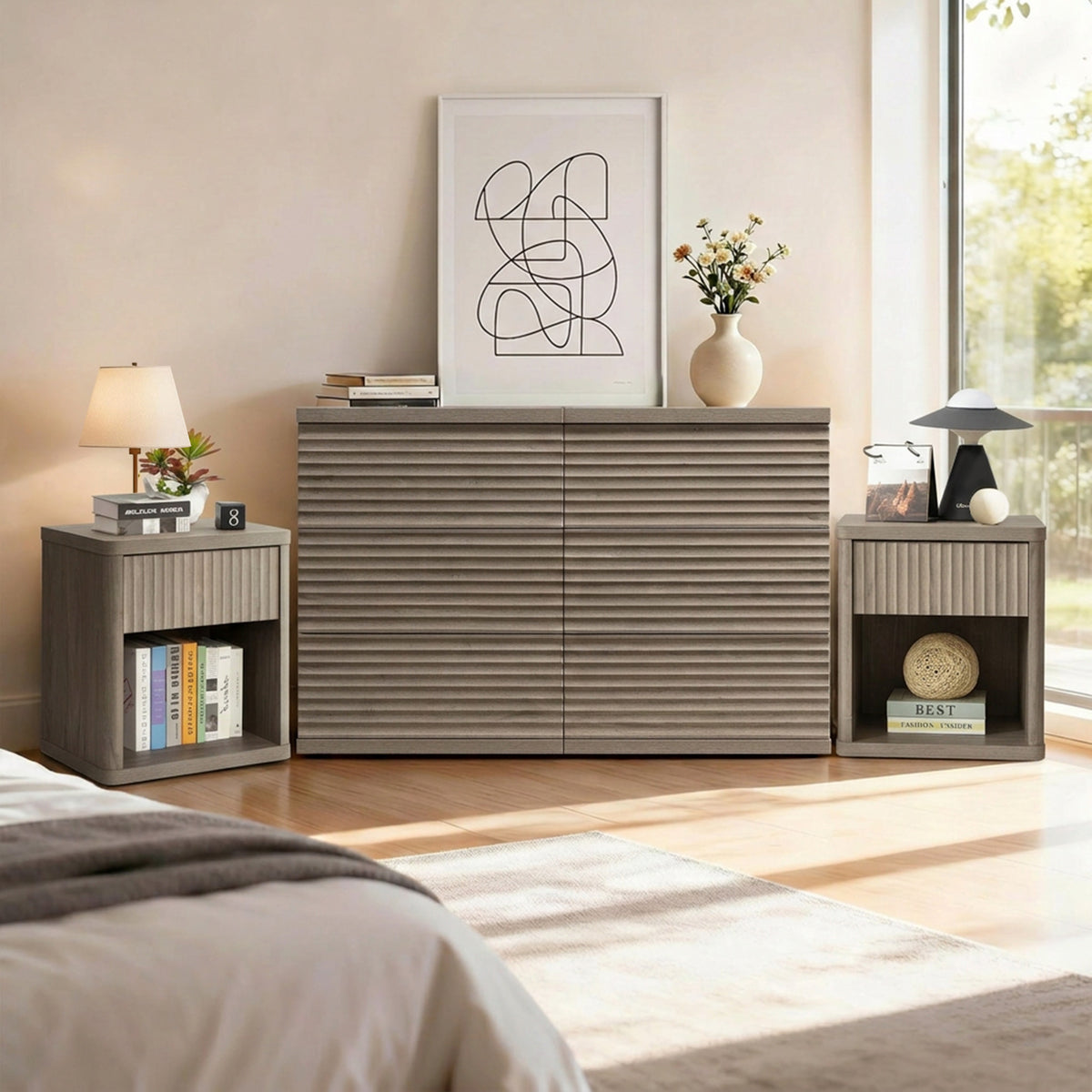 Stria 6 Drawers Dresser and Cas Nightstands Set