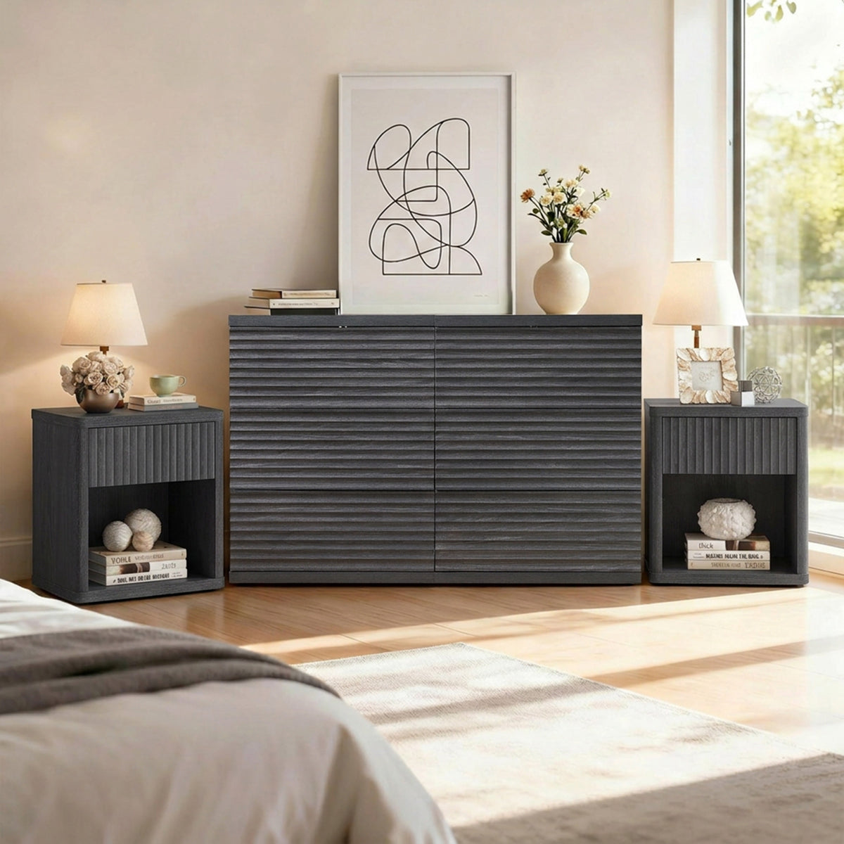 Stria 6 Drawers Dresser and Cas Nightstands Set