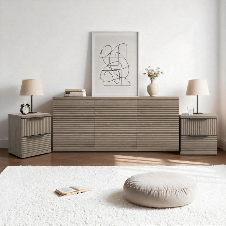 Stria Chest of 9 Drawers and Nightstands Set
