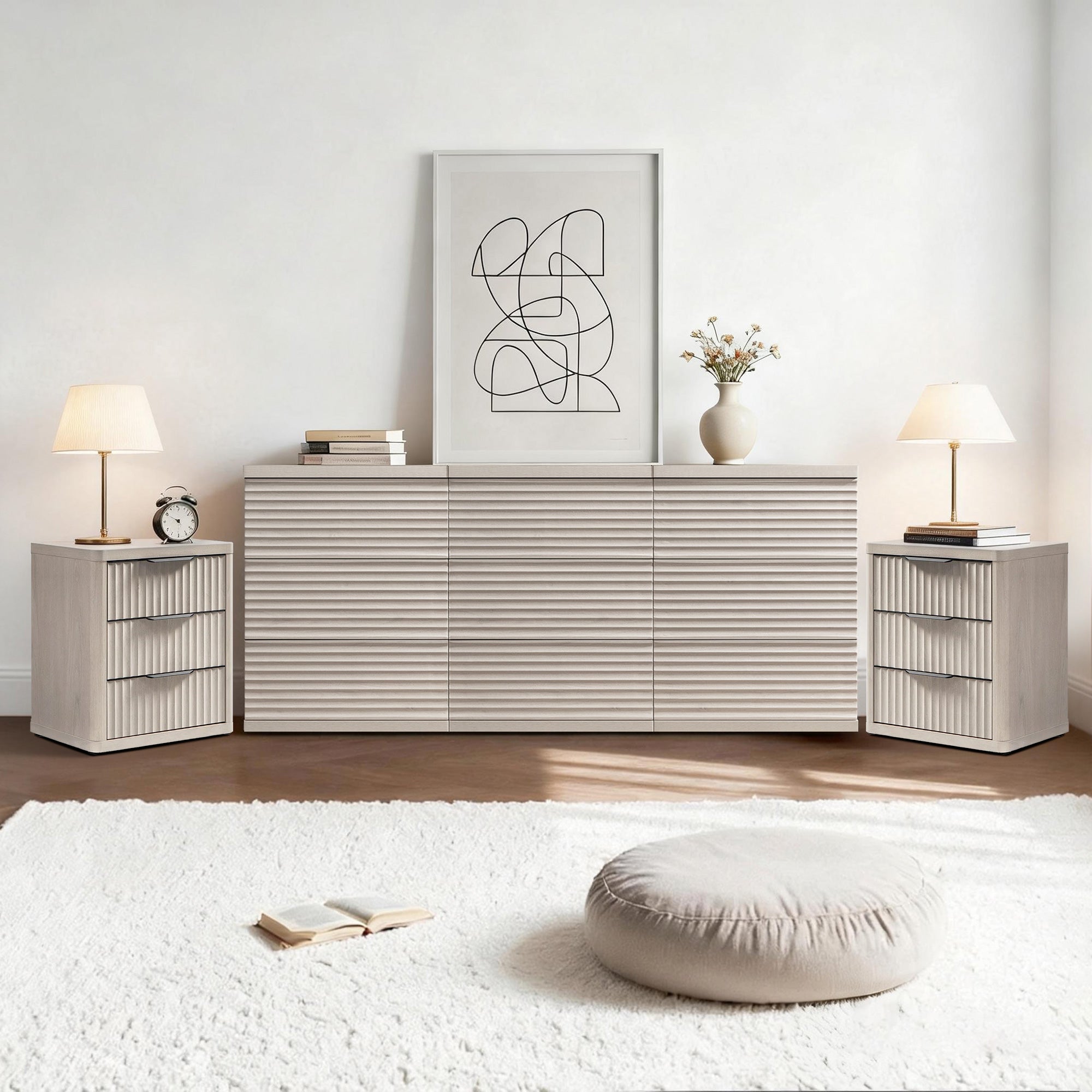 Stria 9-Drawer Dresser and Cas 3-Drawer Nightstand Set | Sicotas SICOTAS Stria 9-Drawer Dresser and Cas 3-Drawer Nightstand Set | Sicotas SICOTAS