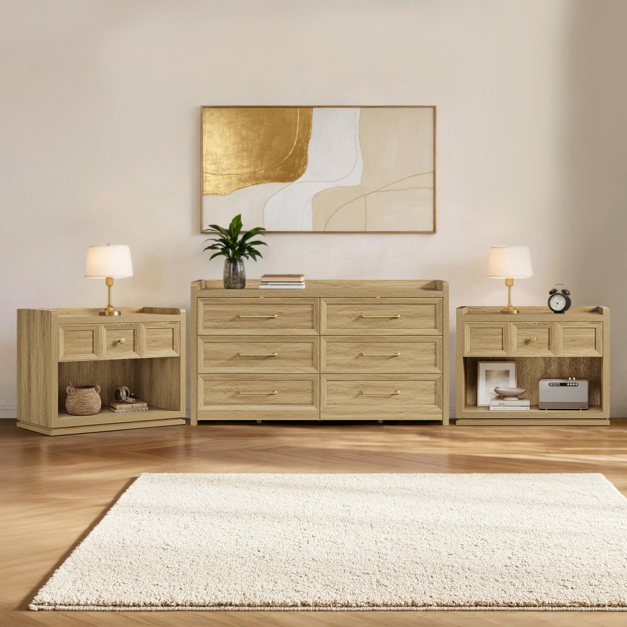 Helio 6-Drawer Dresser and Nightstands Set For Living Room
