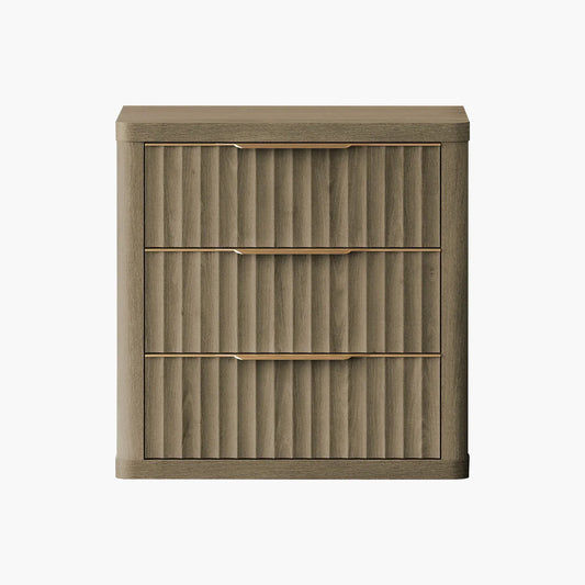 Modern three-drawer wood dresser with vertical grooves on white background