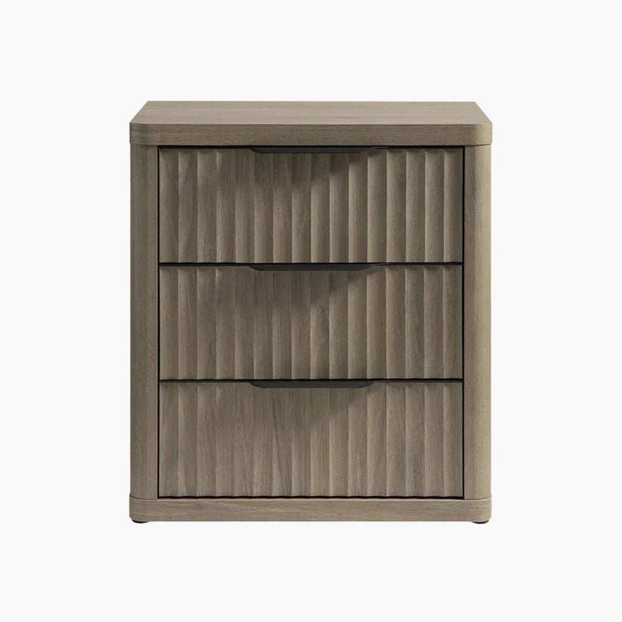 Modern wood nightstand with three ribbed drawers, neutral finish, minimalist design