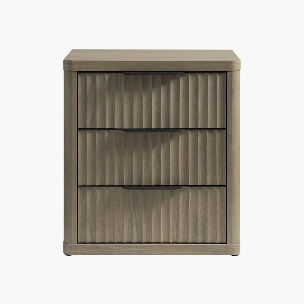 Modern wood nightstand with three ribbed drawers, neutral finish, minimalist design