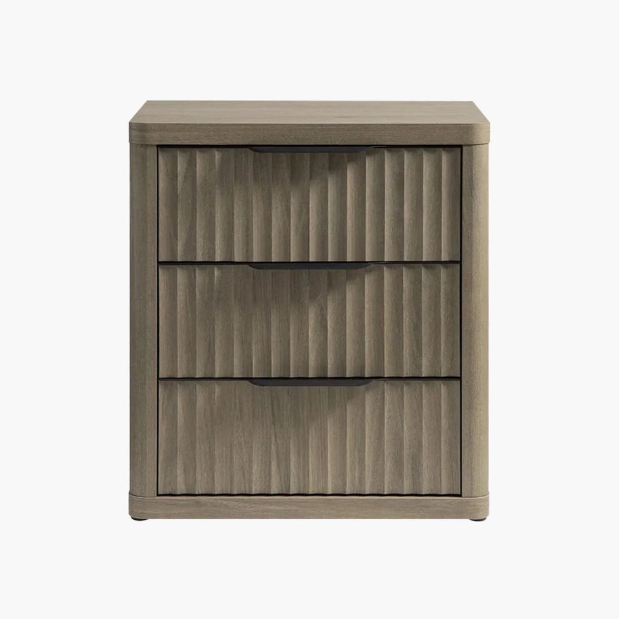 Modern wood nightstand with three ribbed drawers, neutral finish, minimalist design