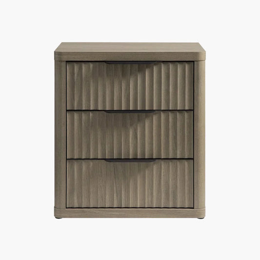 Modern wood nightstand with three ribbed drawers, neutral finish, minimalist design