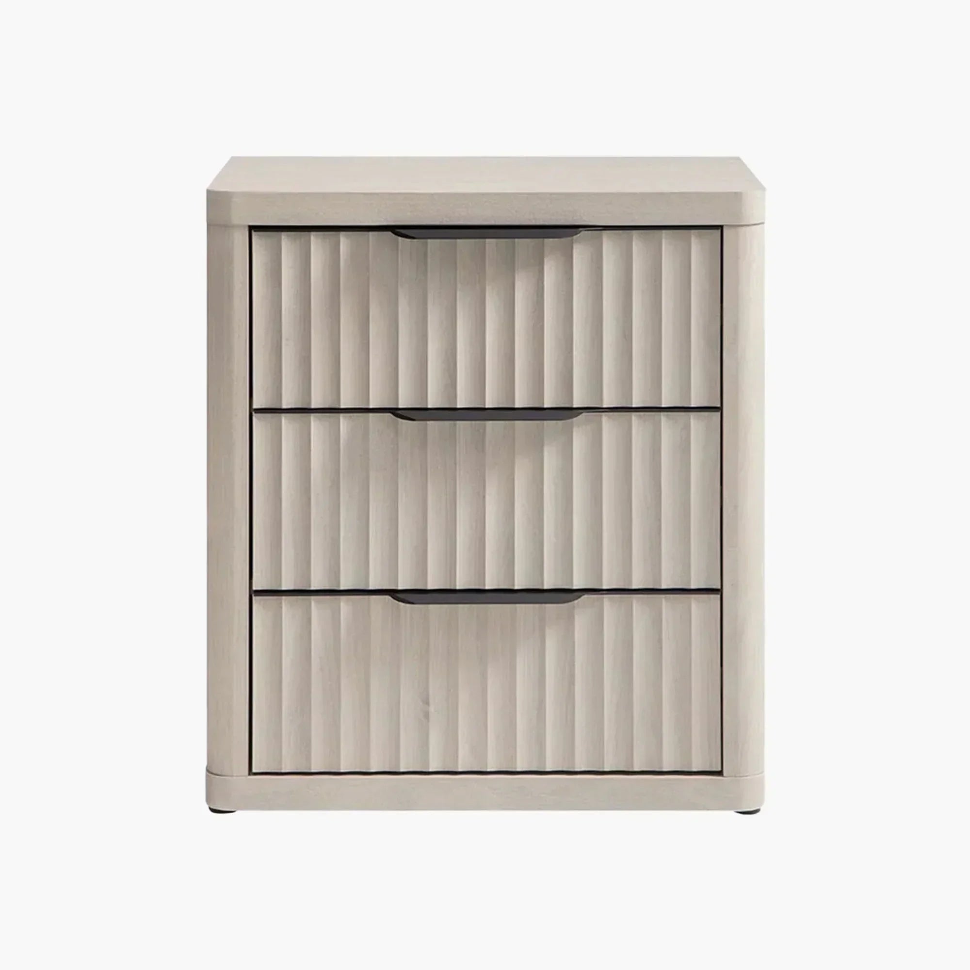 Light wood three-drawer nightstand with vertical grooves and black handles
